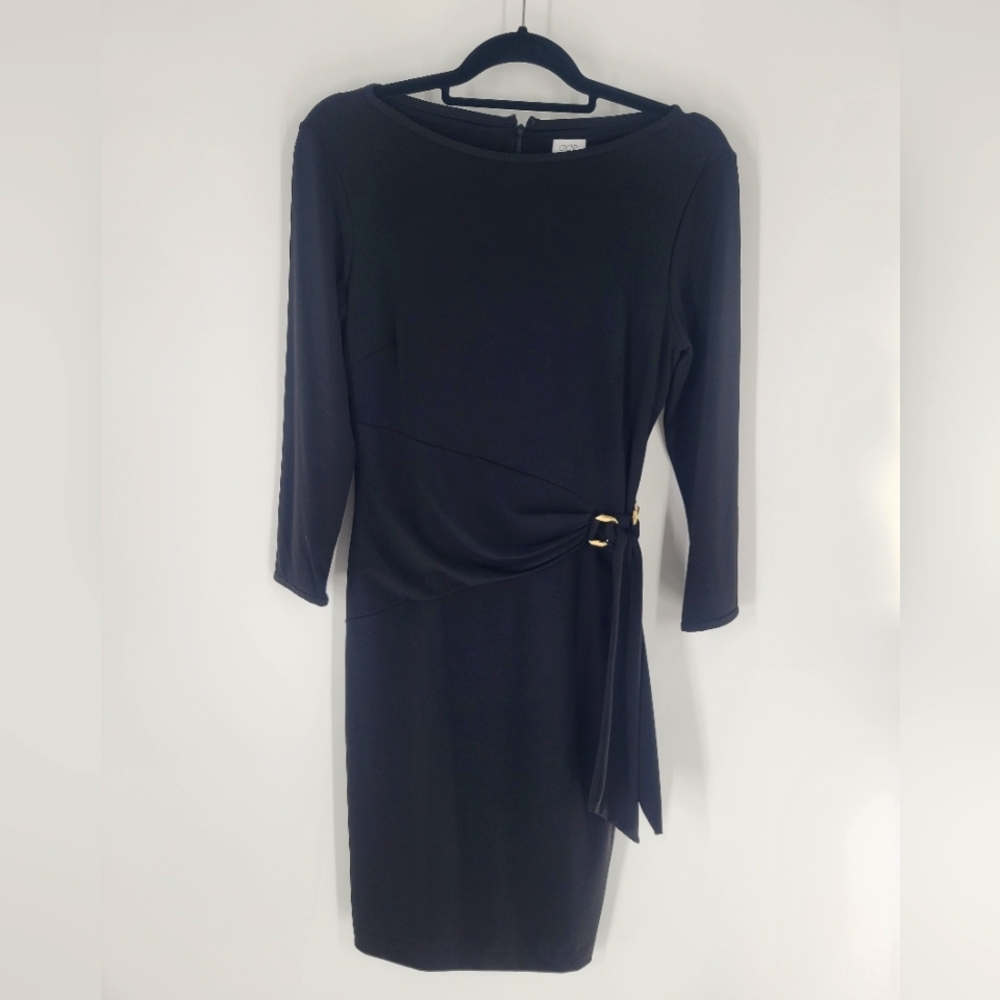 Cache Faux Wrap Black Dress Long Sleeves Size M
